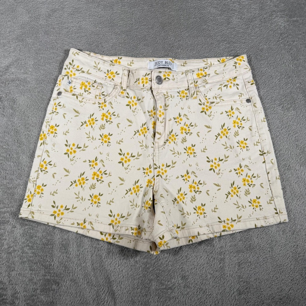 Judy Blue Denim Shorts Womens‎ Large White Yellow Floral Mid Rise Summer Country